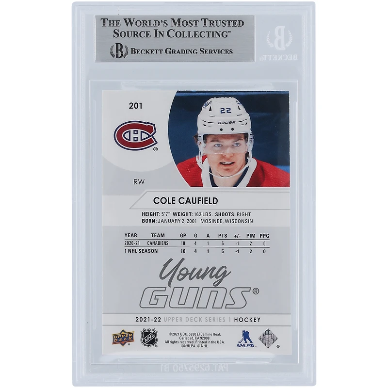 Carte de recrue authentifiée autographiée Cole Caufield des Canadiens de Montréal 2021-22 Upper Deck Young Guns #201 Beckett Fanatics Witnessed