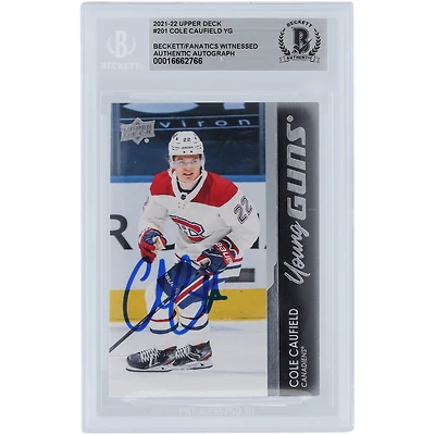 Carte de recrue authentifiée autographiée Cole Caufield des Canadiens de Montréal 2021-22 Upper Deck Young Guns #201 Beckett Fanatics Witnessed
