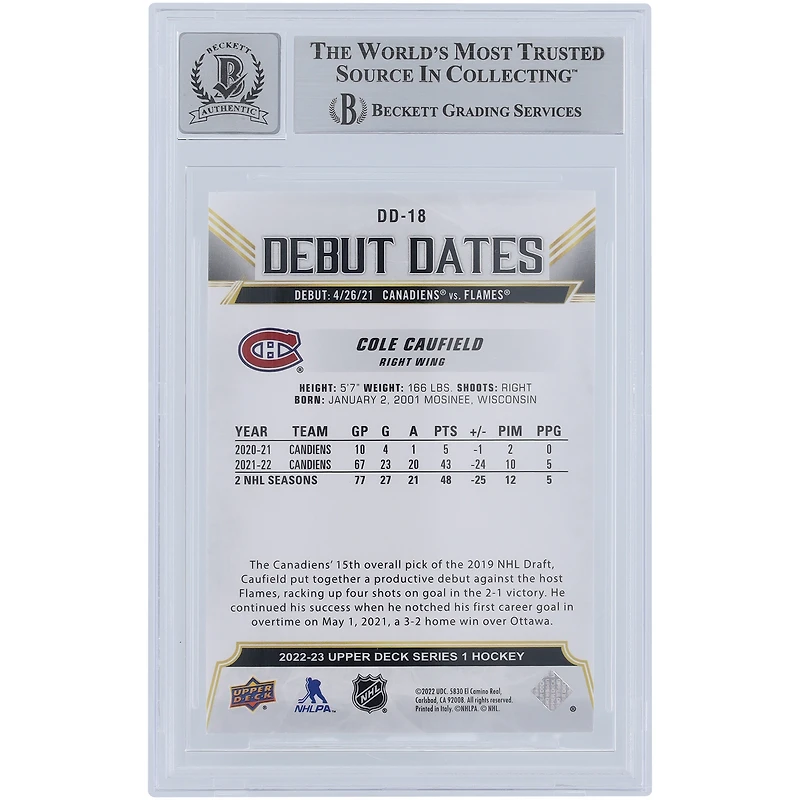 Cole Caufield Canadiens de Montréal Dates de début 2022-23 Upper Deck autographiées #DD-18 Fanatiques de Beckett témoins Carte 10 authentifiée