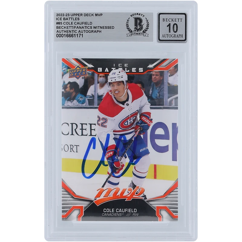 Cole Caufield Canadiens de Montréal autographiés 2022-23 Upper Deck MVP Ice Battles #85 Beckett Fanatics Witnessed Carte authentifiée