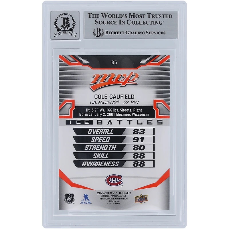 Cole Caufield Canadiens de Montréal autographiés 2022-23 Upper Deck MVP Ice Battles #85 Beckett Fanatics Witnessed Carte authentifiée
