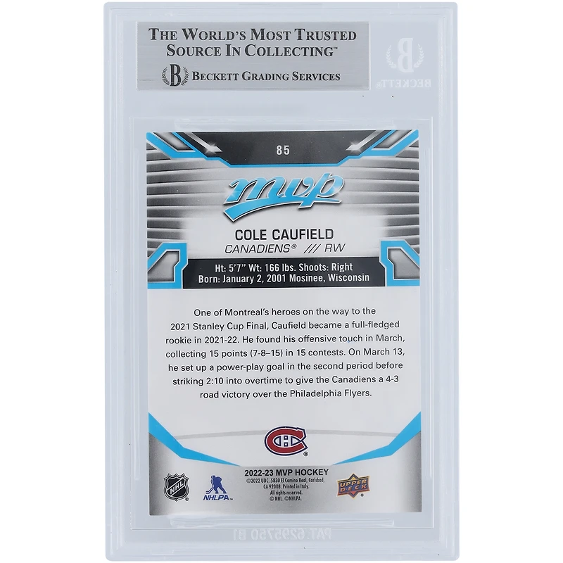 Carte autographiée par Cole Caufield des Canadiens de Montréal, MVP Upper Deck #85 Beckett 2022-23, Fanatics Witnessed Authenticated