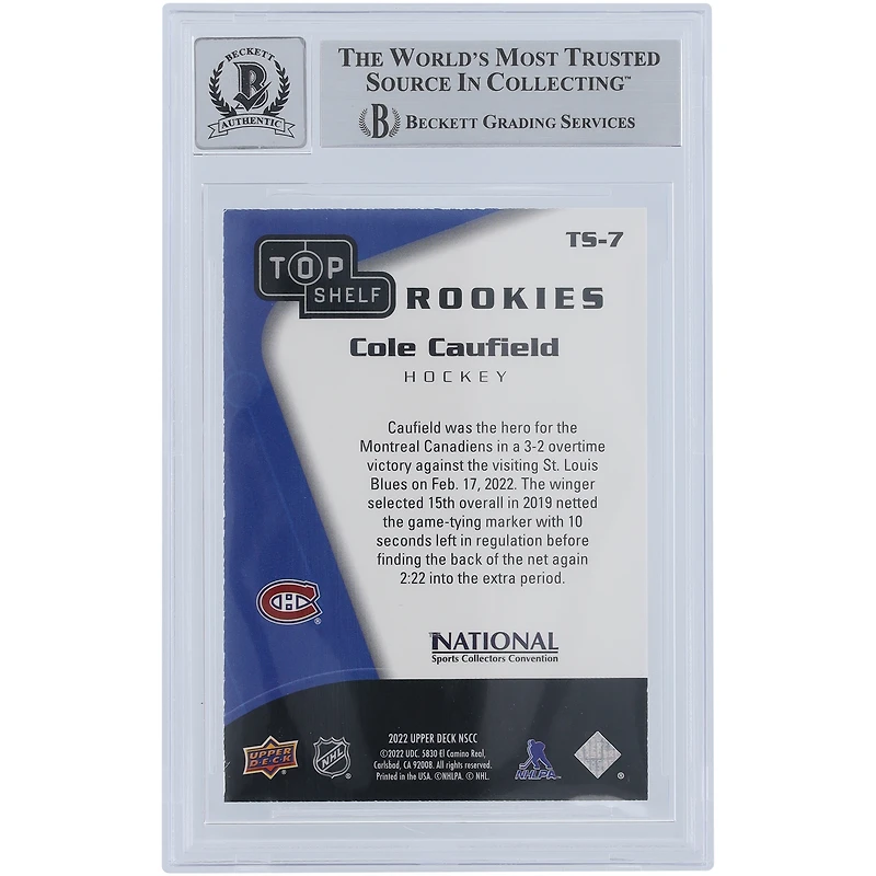 Carte autographiée Cole Caufield des Canadiens de Montréal 2022-23 Upper Deck National Convention Top Shelf Rookies #TS-7 Beckett Fanatics Witnessed Authenticated 10