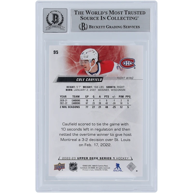 Cole Caufield Canadiens de Montréal autographiés 2022-23 Upper Deck Series 1 #95 Beckett Fanatics témoins authentifiés 10 cartes