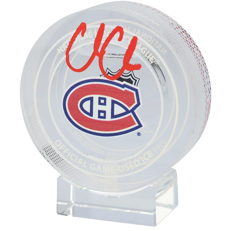 Rondelle de cristal autographiée par Cole Caufield des Canadiens de Montréal - Remplie de glace utilisée lors du match de la saison 2024-25