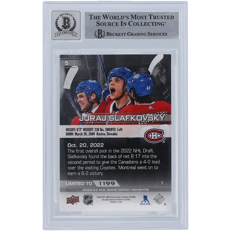Juraj Slafkovsky Montreal Canadiens Autographed 2022-23 Upper Deck Game Dated Moments First Goal #5 Beckett Fanatics Witnessed Authenticated 10 Rookie Card
