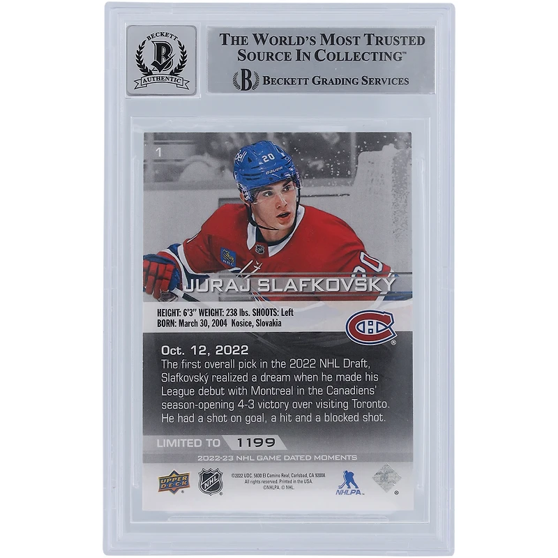 Juraj Slafkovsky Montreal Canadiens Autographed 2022-23 Upper Deck Game Dated Moments Rookie Debut #1 Beckett Fanatics Witnessed Authenticated 9/10 Rookie Card