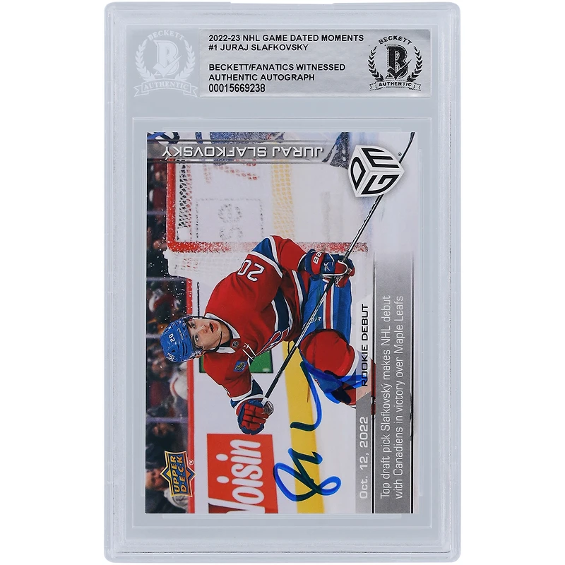 Juraj Slafkovsky Montreal Canadiens Autographed 2022-23 Upper Deck Game Dated Moments Rookie Debut #1 Beckett Fanatics Witnessed Authenticated Rookie Card 