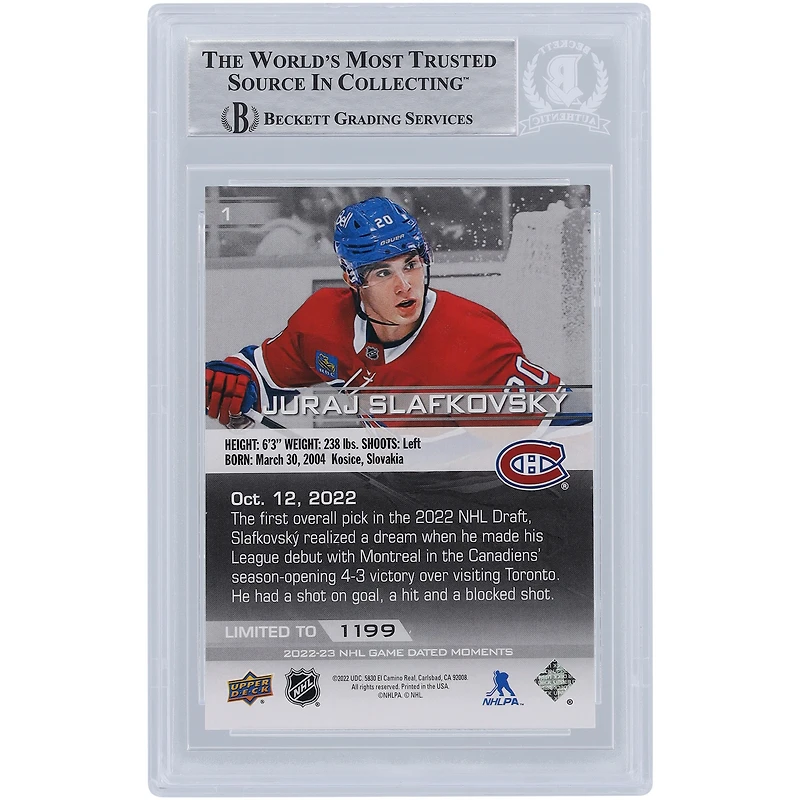Juraj Slafkovsky Montreal Canadiens Autographed 2022-23 Upper Deck Game Dated Moments Rookie Debut #1 Beckett Fanatics Witnessed Authenticated Rookie Card 