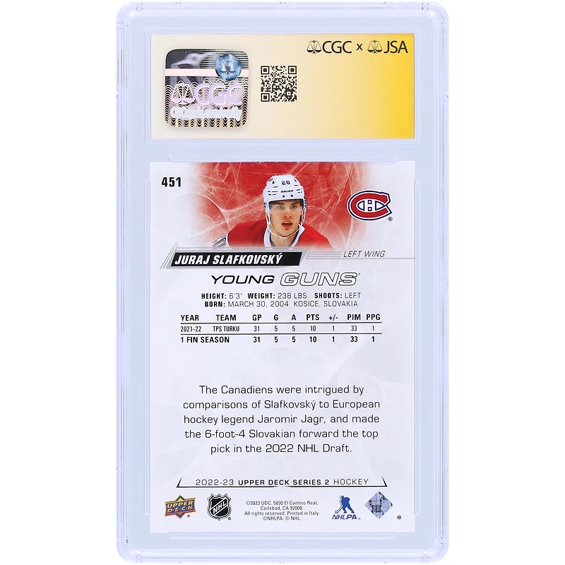 Juraj Slafkovsky Montreal Canadiens Autographed 2022-23 Upper Deck Series 2 Young Guns #451 CGC Fanatics Witnessed Authenticated Auto 10 Rookie Card
