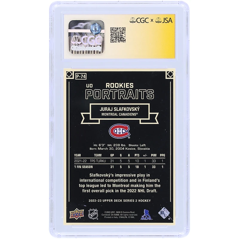 Juraj Slafkovsky Montreal Canadiens Autographed 2022-23 Upper Deck UD Portraits #P-74 CGC Fanatics Witnessed Authenticated Auto 10 Card