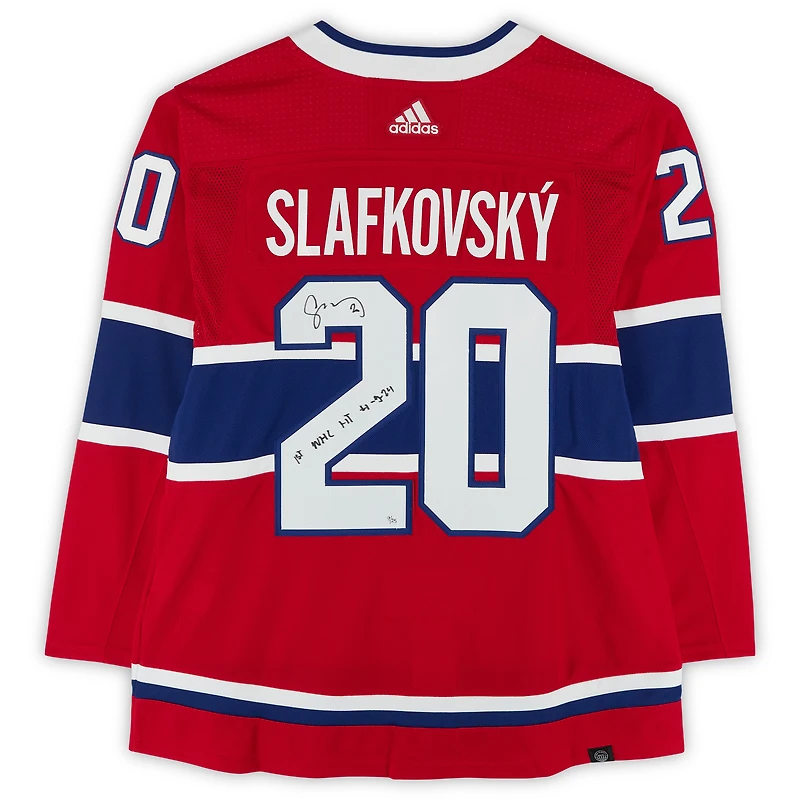 Maillot authentique adidas rouge autographié par Juraj Slafkovsky des Canadiens de Montréal avec inscription « 1st NHL HT 4-9-24 » - Édition limitée à 25 exemplaires