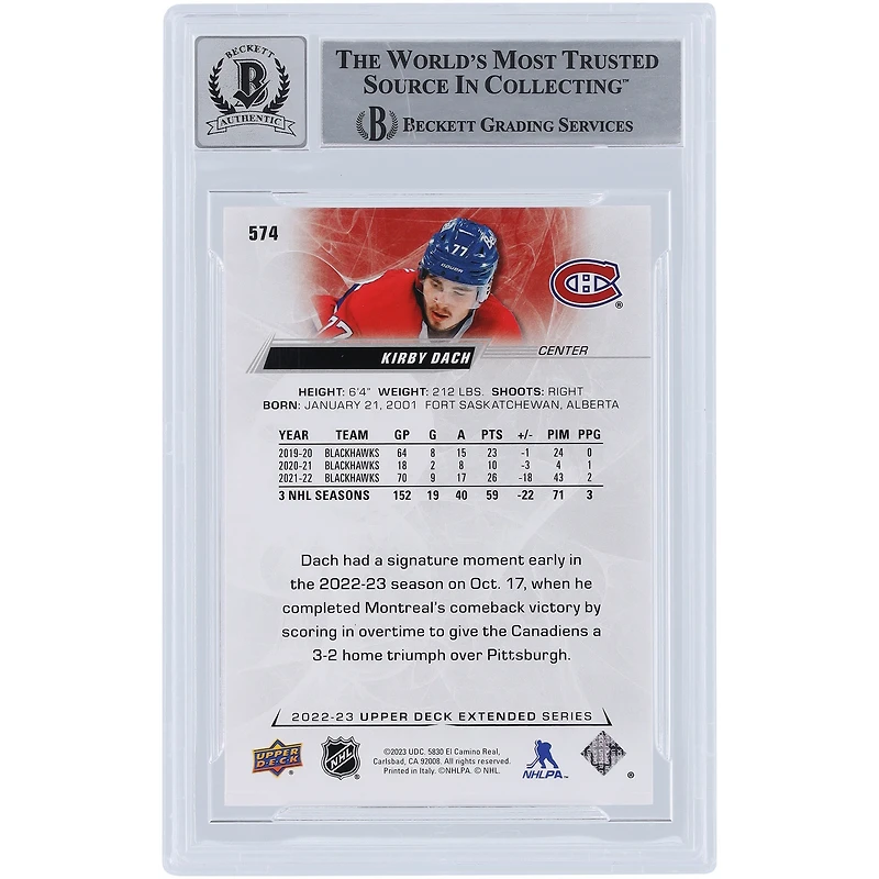 Kirby Dach Montreal Canadiens Autographed 2022-23 Upper Deck Extended Series #574 Beckett Fanatics Witnessed Authenticated Card