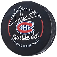 Rondelle de match officielle autographiée par Kirby Dach des Canadiens de Montréal avec l'inscription « Go Habs Go! »