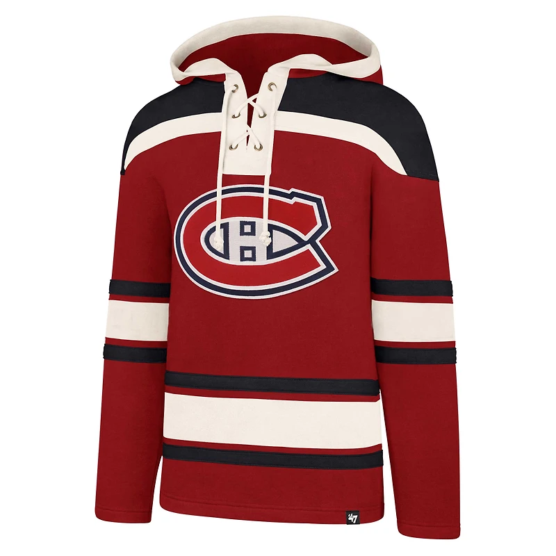 Nom et numéro du joueur Lacer des Canadiens de Montréal '47 Cole Caufield rouge pour homme - Chandail à capuchon lacets