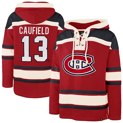 Men's '47 Cole Caufield Red Montreal Canadiens Lacer Player Name & Number Lace-Up Pullover Hoodie