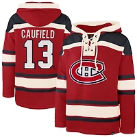 Men's '47 Cole Caufield Red Montreal Canadiens Lacer Player Name & Number Lace-Up Pullover Hoodie