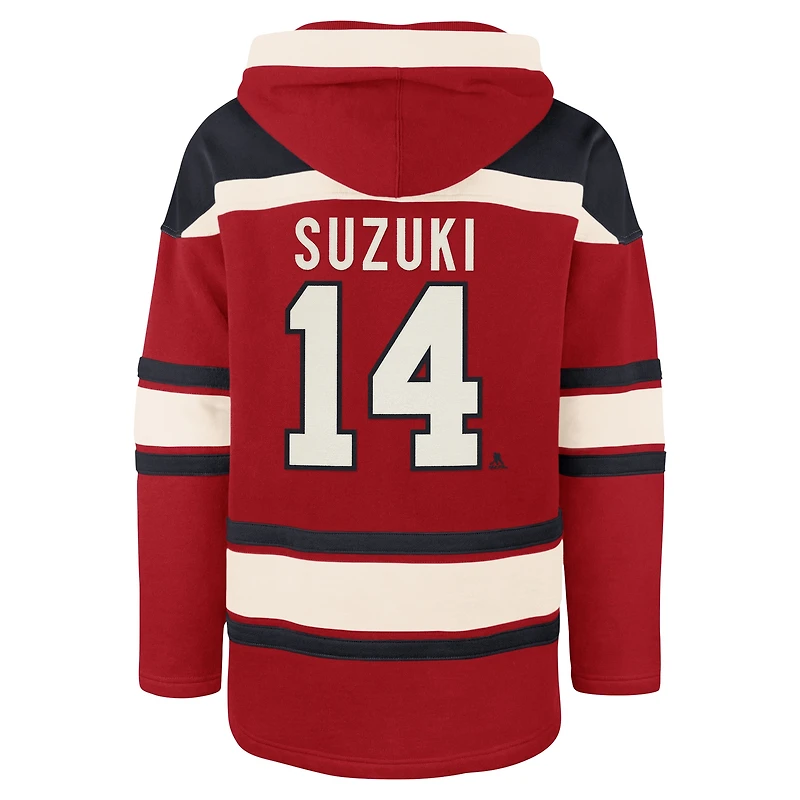 Men's '47 Nick Suzuki Red Montreal Canadiens Lacer Player Name & Number Pullover Hoodie