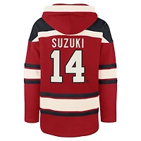 Men's '47 Nick Suzuki Red Montreal Canadiens Lacer Player Name & Number Pullover Hoodie