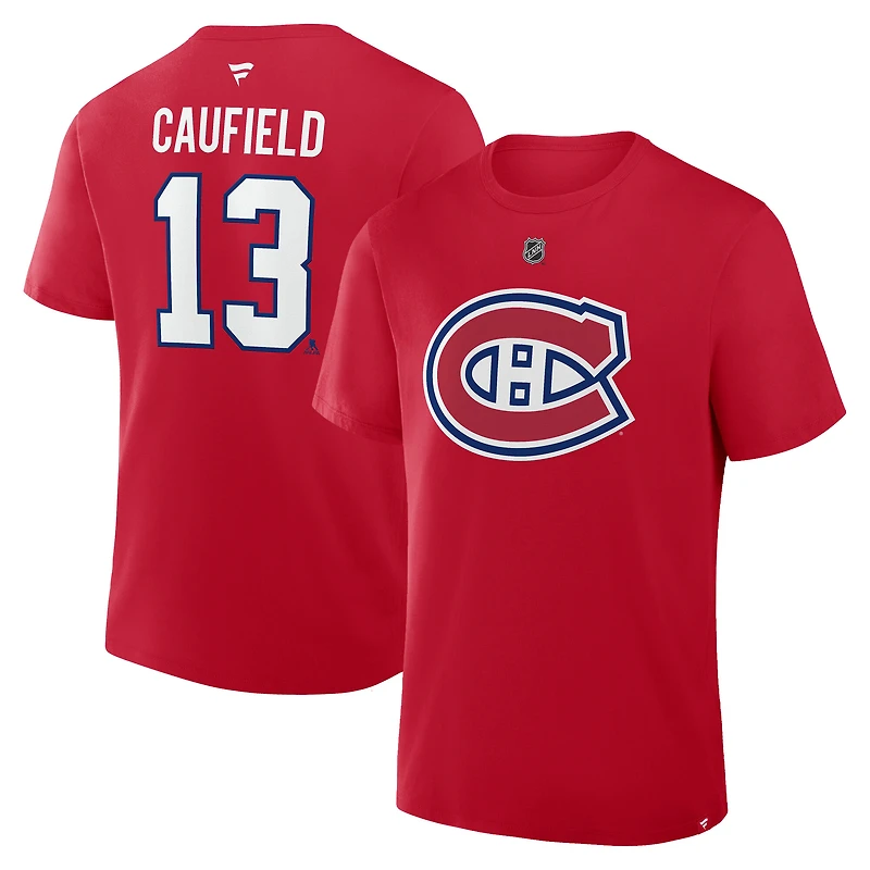 T-shirt authentique Fanatics Cole Caufield rouge des Canadiens de Montréal avec nom et numéro superposés