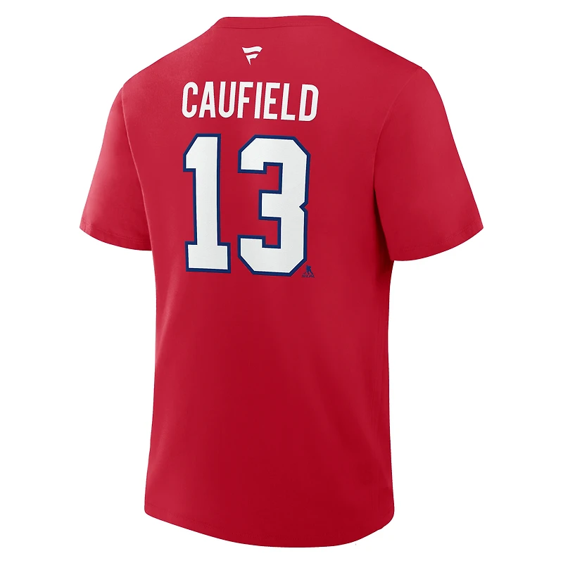 T-shirt authentique Fanatics Cole Caufield rouge des Canadiens de Montréal avec nom et numéro superposés