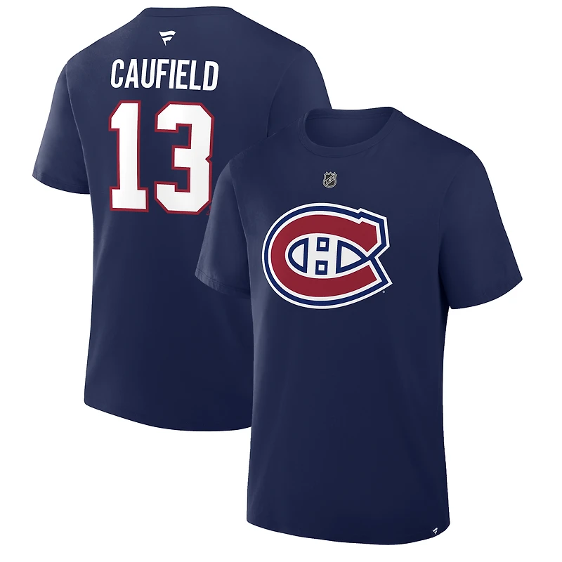 Men's Fanatics Cole Caufield Navy Montreal Canadiens Authentic Stack Name & Number T-Shirt