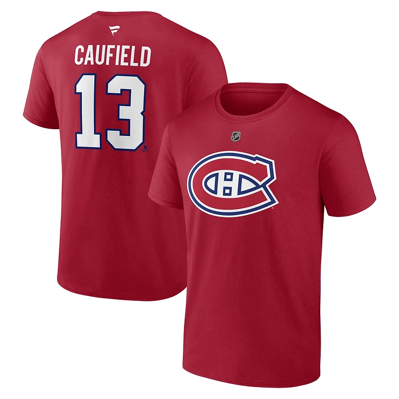 T-shirt rouge authentique avec nom et numéro Stack pour hommes Fanatics Cole Caufield logo des Canadiens de Montréal