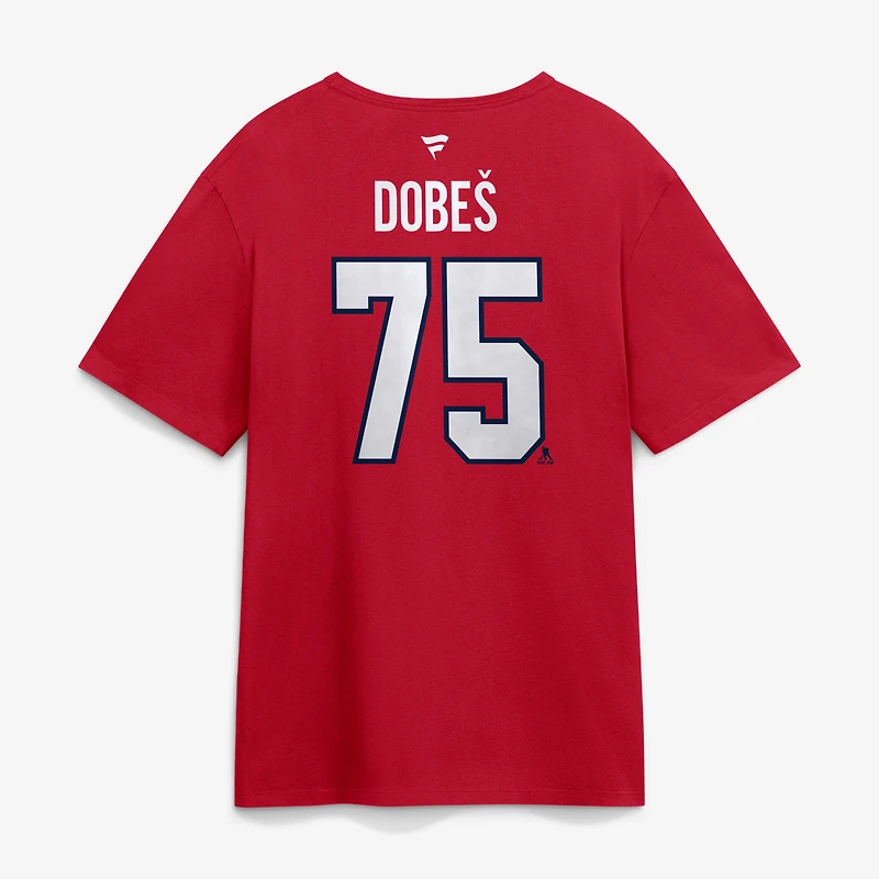 T-shirt authentique Fanatics pour homme, Jakub Dobes, Canadien de Montréal, rouge, avec nom et numéro.