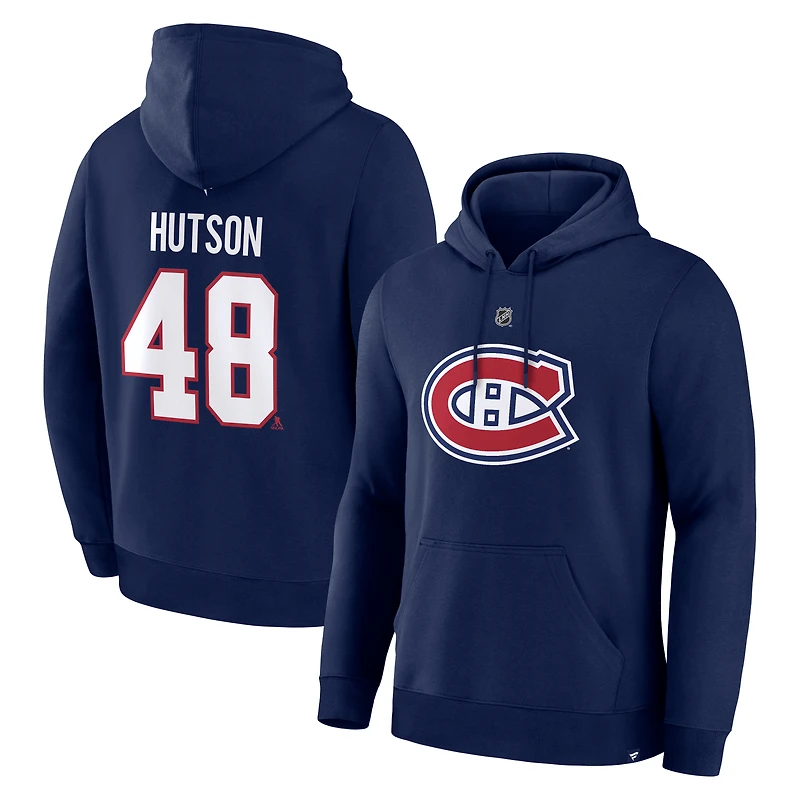 Men's Fanatics Lane Hutson Navy Montreal Canadiens Authentic Stack Name & Number Hoodie
