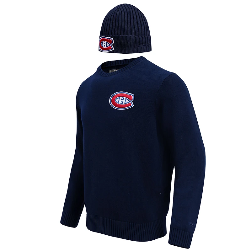 Coffret cadeau pull et bonnet en tricot à revers Pro Standard pour hommes, bleu marine, Canadiens de Montréal