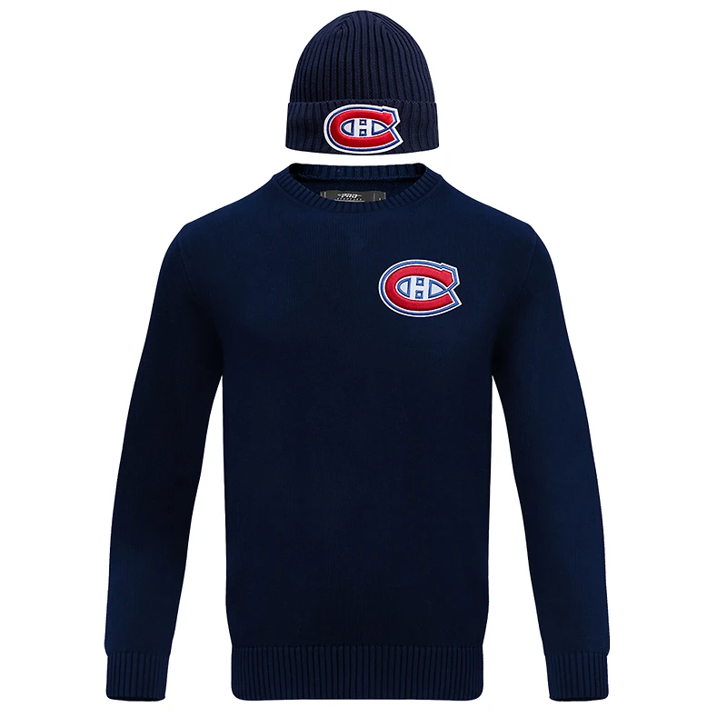 Coffret cadeau pull et bonnet en tricot à revers Pro Standard pour hommes, bleu marine, Canadiens de Montréal