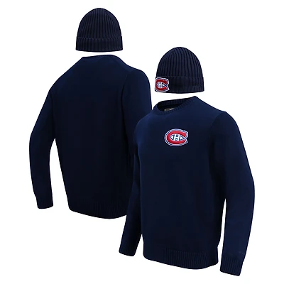 Coffret cadeau pull et bonnet en tricot à revers Pro Standard pour hommes, bleu marine, Canadiens de Montréal