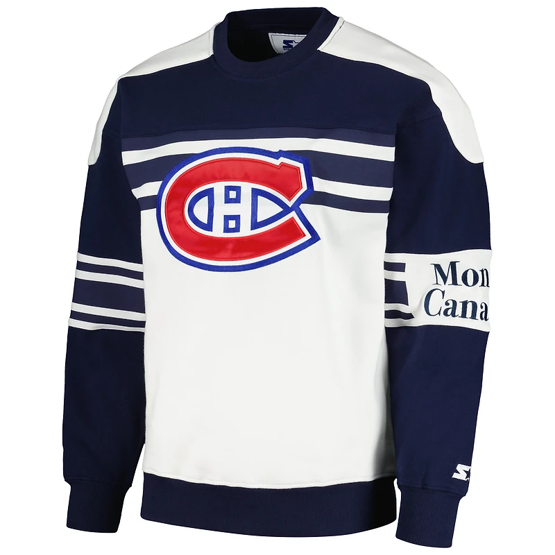 Men's Starter White Montreal Canadiens Defense Fleece Crewneck Pullover Sweatshirt