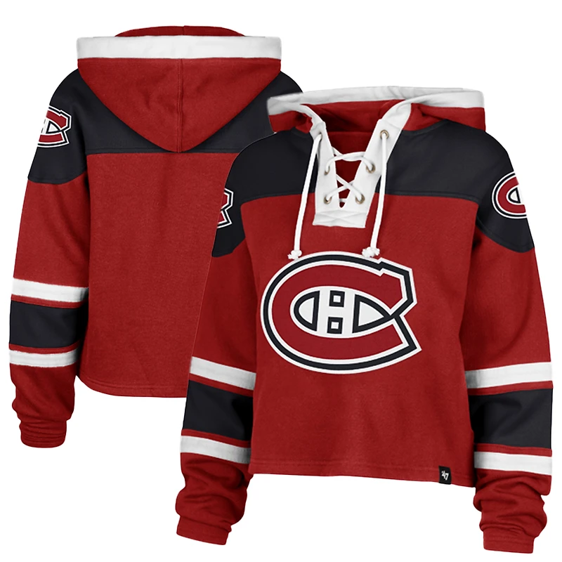 Women's '47 Red Montreal Canadiens Cropped Superior Lacer Pullover Hoodie
