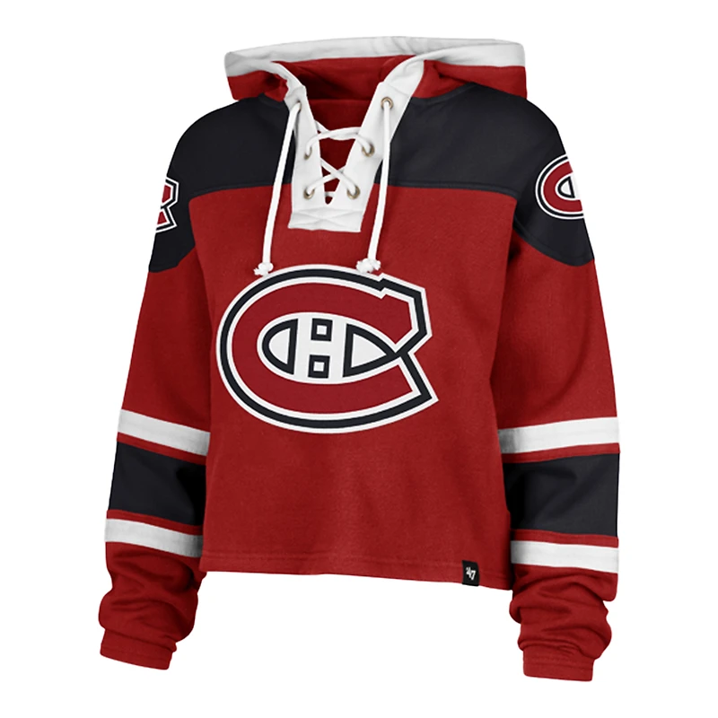 Women's '47 Red Montreal Canadiens Cropped Superior Lacer Pullover Hoodie