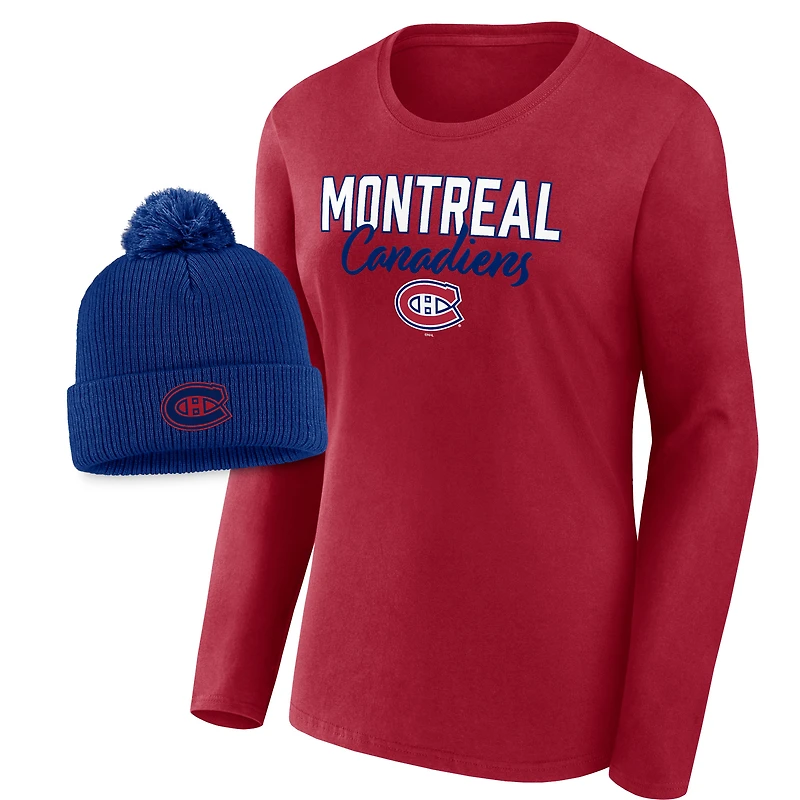 Ensemble t-shirt à manches longues et bonnet en tricot revers avec pompon Fanatics pour femmes, bleu/rouge, Canadiens de Montréal