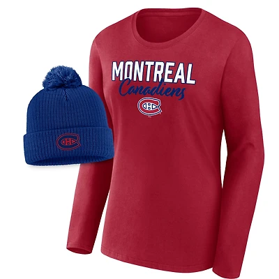 Women's Fanatics Blue/Red Montreal Canadiens Tail Sweep Long Sleeve T-Shirt & Cuffed Knit Hat with Pom Combo Set
