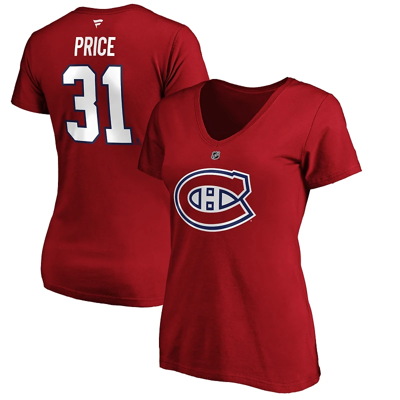 T-shirt authentique à col en V pour femmes Fanatics Carey Price, rouge, des Canadiens de Montréal, avec nom et numéro superposés