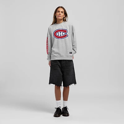 Sweat-shirt surdimensionné Mitchell & Ness gris chiné pour femmes, motif trois points des Canadiens de Montréal