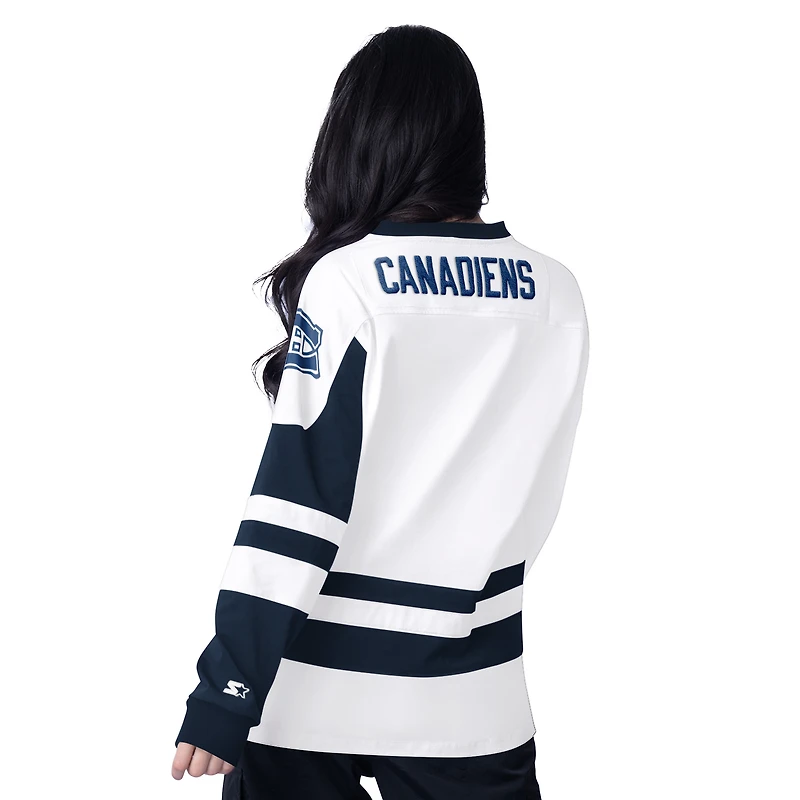 T-shirt à lacets manches longues pour femme, blanc, avec le logo Hat Trick des Canadiens de Montréal