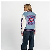 Veste universitaire en denim à boutons-pression The Wild Collective pour femmes, inspirée des Canadiens de Montréal