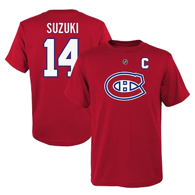 T-shirt rouge avec nom et numéro du capitaine des Canadiens de Montréal Nick Suzuki pour jeunes