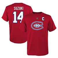 T-shirt rouge avec nom et numéro du capitaine des Canadiens de Montréal Nick Suzuki pour jeunes