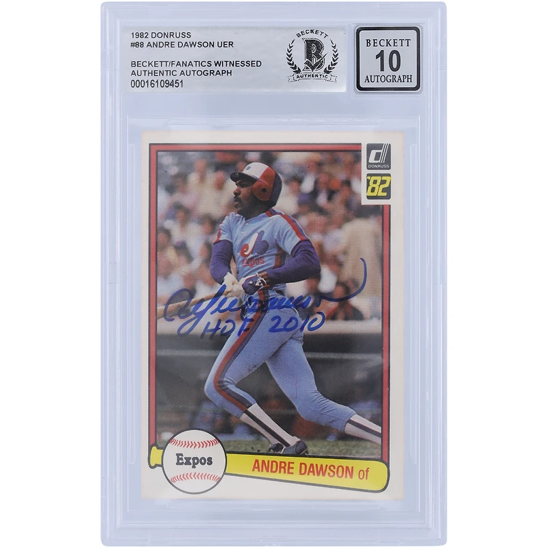 Andre Dawson Montreal Expos Autographed 1982 Donruss Series 1 #88 Beckett Fanatics Witnessed Authenticated 10 Card with "HOF 2010" Inscription