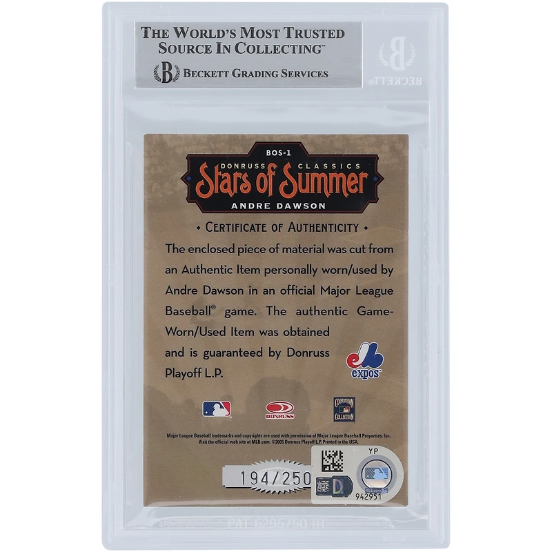 Andre Dawson Montreal Expos Autographed 2005 Donruss Classics Stars of Summer Relic #BOS-1 #/250 Beckett Fanatics Witnessed Authenticated Card 
