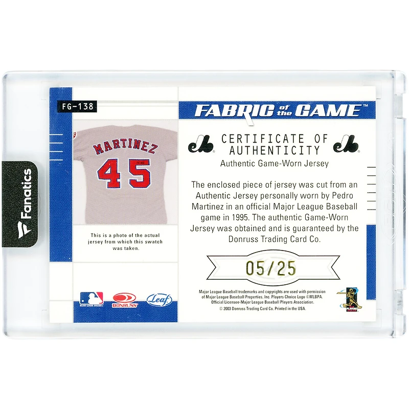 Pedro Martinez Montreal Expos Autographed 2003 Donruss Leaf Certified Fabric Of The Game Game-Used Jersey Relic #FG-138 #5/25 Card