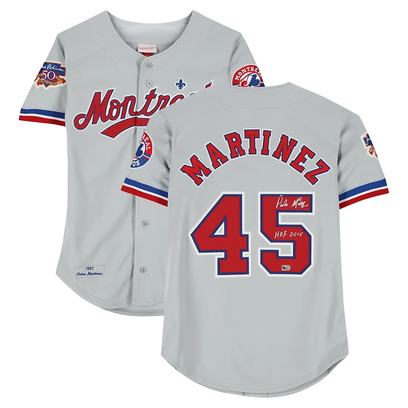 Maillot authentique gris Mitchell & Ness autographié par Pedro Martinez des Expos de Montréal avec inscription « HOF 15 »