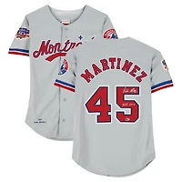 Maillot authentique gris Mitchell & Ness autographié par Pedro Martinez des Expos de Montréal avec inscription « HOF 15 »