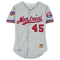 Maillot authentique gris Mitchell & Ness autographié par Pedro Martinez des Expos de Montréal avec inscription « HOF 15 »
