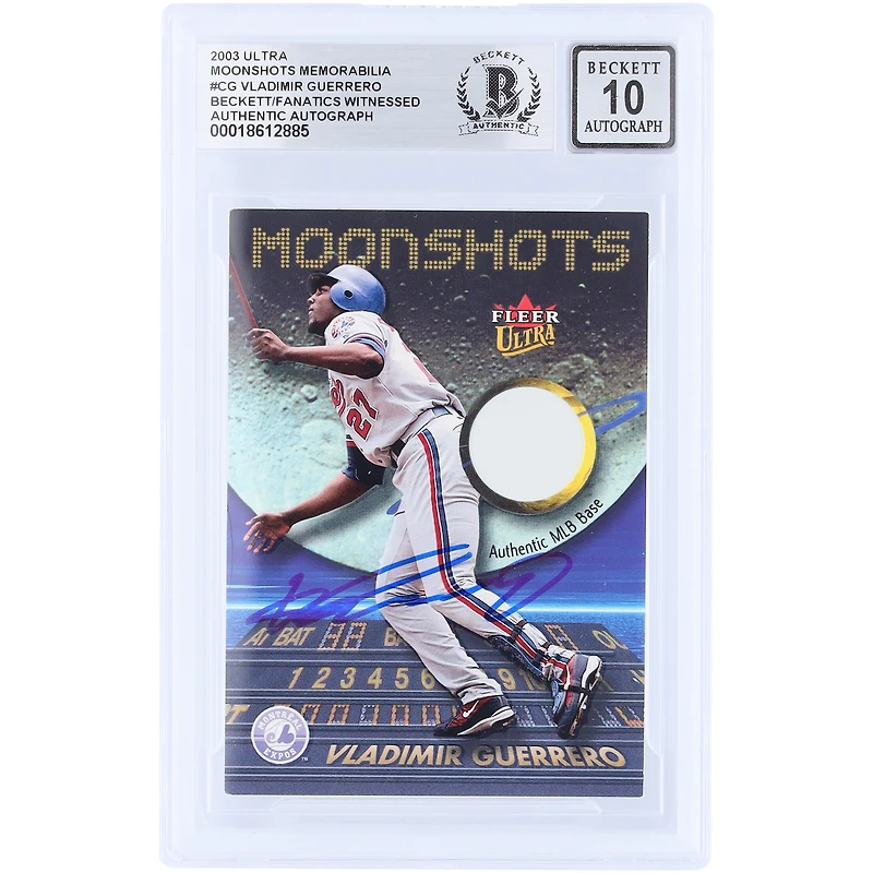 Carte autographiée de Vladimir Guerrero (Expos de Montréal) de la série Fleer Ultra Moonshots Relic 2003, numéro MSVG, authentifiée par Beckett Fanatics Witnessed (n° 10).